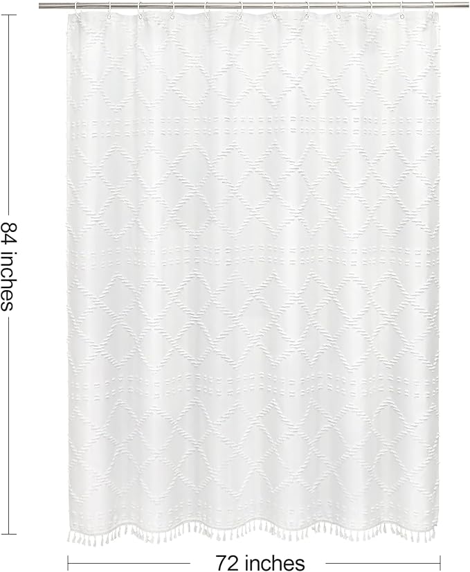 White Boho Woven Fabric Shower Curtain with Tassel 72x84, Tufted Textured | Modern Farmhouse Curtain for Bathroom, Extra Long Bathroom Curtain, Minimalist Decor, Waterproof