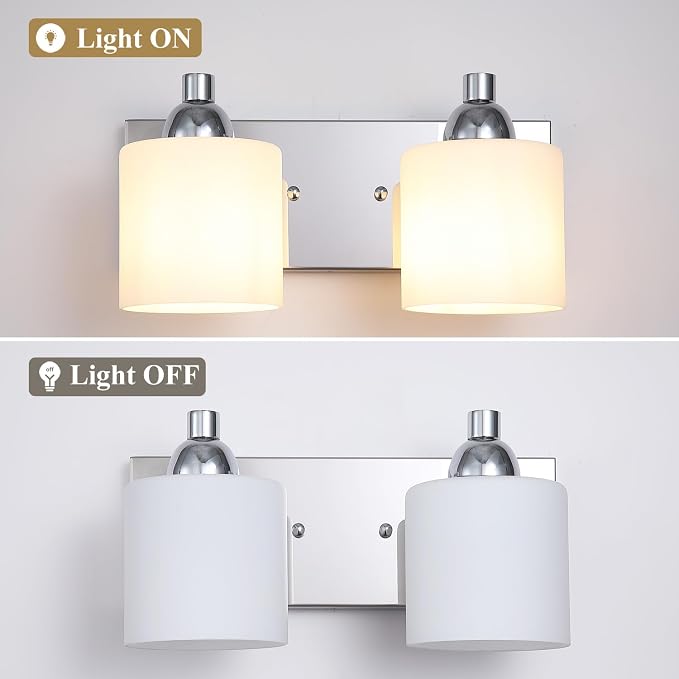 Mecgirn Stainless Steel Milk Glass Vanity Lights for Bathroom, 2 Light Polished Chrome Bathroom Light Fixtures Over Mirror, Ceramic E26 Sockets Wall Mounted