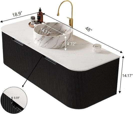 Yayzy 48" Floating Bathroom Vanity with Sink, Solid Wood Fluted Cabinet, White Marble-Patterned Ceramic Basin & Faux Marble Top, Soft-Close Drawer, Pre-Assembled, Gloss Black