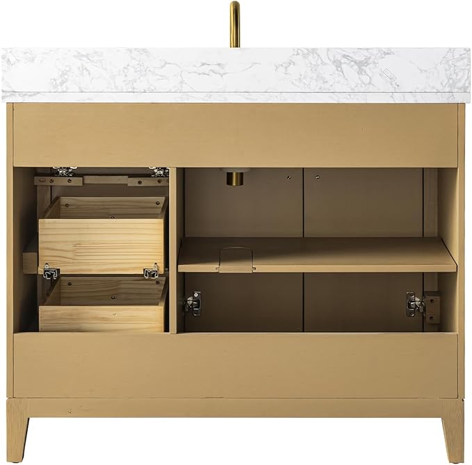 Vanity Art 42" Bathroom Vanity with Single Sink & Arabescato White Engineered Stone Top, Vanity Cabinet with Soft Closing Door, Solid Wood Frame, Golden Brushed Handles, Natural Oak VA8142-NO-GB