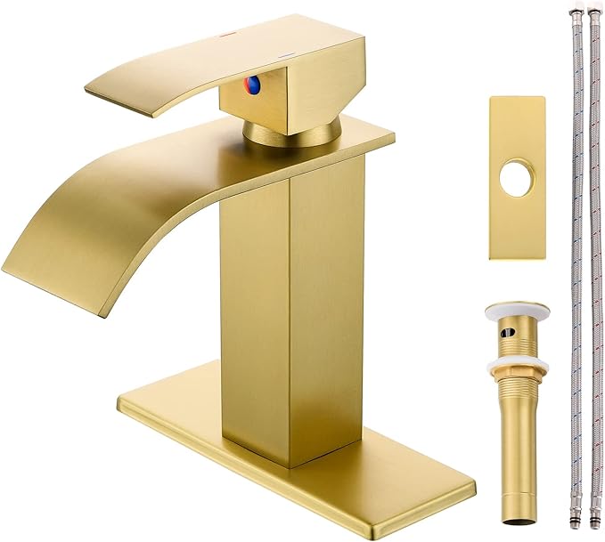 Gold Bathroom Faucet, Modern Single Hole Waterfall Spout Sink Faucet, Brushed Gold With Drain Assembly and Hose