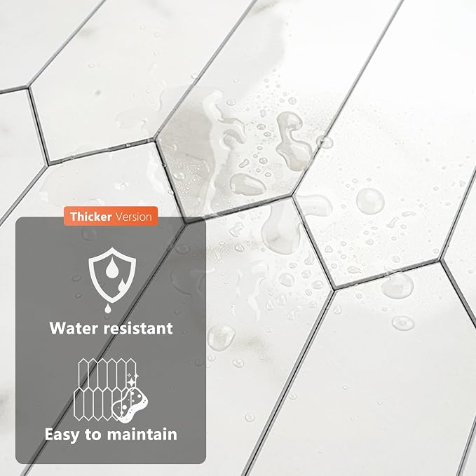 Vamos Tile 1 Sheet Glossy White Marble Backsplash Tile Peel and Stick, 12.8 x 12.8 Inch Long Hexagon PVC Self Adhesive Mosaic Wall Tiles Stick on Backsplash for Kitchen and Bathroom