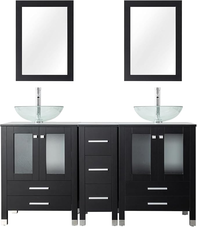 LUCKWIND 60" Double 24" Bathroom Vanity with Sink Combo, Elegant Series with One 12.6-in Side Cabinet, Painted Frame, Including Transparent Round Sinks, Faucets Without Mirrors, Black
