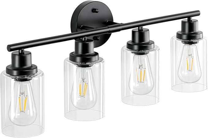 4-Light Black Bathroom Light Fixtures, E26 Modern Vanity Lights for Bathroom with Clear Glass Shade, Wall Lamps for Mirror Hallway Kitchen Cabinet Living Room Sconces Lights