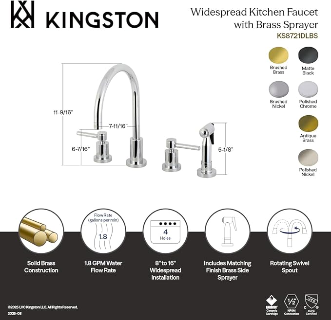 Kingston Brass KS8728DLBS 8" Widespread Kitchen Faucet with Brass Sprayer, Brushed Nickel