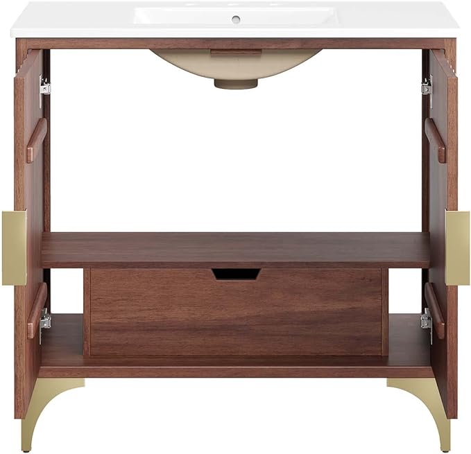 Modway Daylight Bathroom Vanity Cabinet with Ceramic Sink Basin, 36 Inch, White Walnut