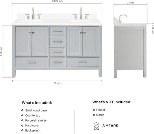 ARIEL Cambridge 60-inch Bathroom Vanity with Sink,Solid Wood, 1.5-inch Carrara White Quartz Countertop, Double Rectangular Porcelain Sink, 4 Soft Closing Doors, 6 Dovetail Drawers, Grey