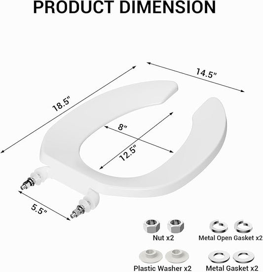Elongated Open-Front Toilet Seat, Commercial Heavy Duty Seat Without Cover, Never Loosen Design to Reduce Call-Backs, 18.5 Inch White Public Toilet Lid for Office, Church, Hospital