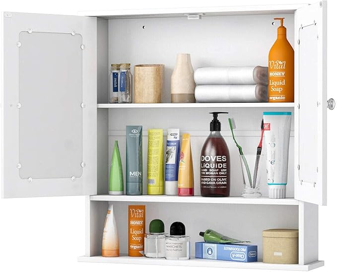 Salches Wall Mounted Bathroom Cabinet w/2 Mirrored Doors, Over-Toilet Hanging Cabinet w/Shelves, Wooden Medicine Storage Organizer for Living Room/Corridor/Cloakroom/Kitchen, 22â x 5â x 23â (White)