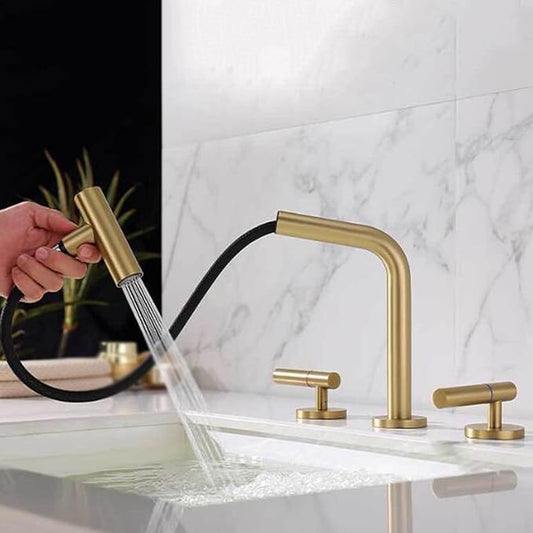 3 Hole Basin Faucets Pull Out Basin Mixer Faucet Brass 2 Mode Hot and Cold Water Double Handle Bathroom Mixer Faucet-Brushed Gold