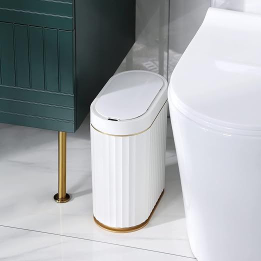 ELPHECO Bathroom Trash Can with Lid, 2 Gallon, Motion Sensor, White Gold | Automatic Garbage Can, IPX5 Waterproof Plastic Wastebasket, Trash Bin for Bathroom, Bedroom, Kitchen and Office