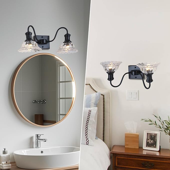 Farmhouse Vanity Lights, 2-Light Vanity Light with Clear Flower Glass Shade, Bathroom Lights Fixtures Over Mirror, Vintage Wall Sconce for Bathroom, Dressing Table