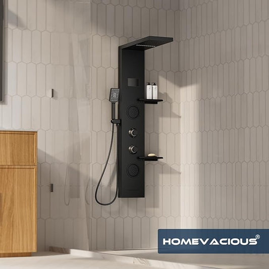 Homevacious 4 In 1 Shower Panel System with Shelf Matte Black | LED Rain Shower Head Adjustable Massage Body Jets 3 Functions Handheld Head Tub Spout Stainless Steel