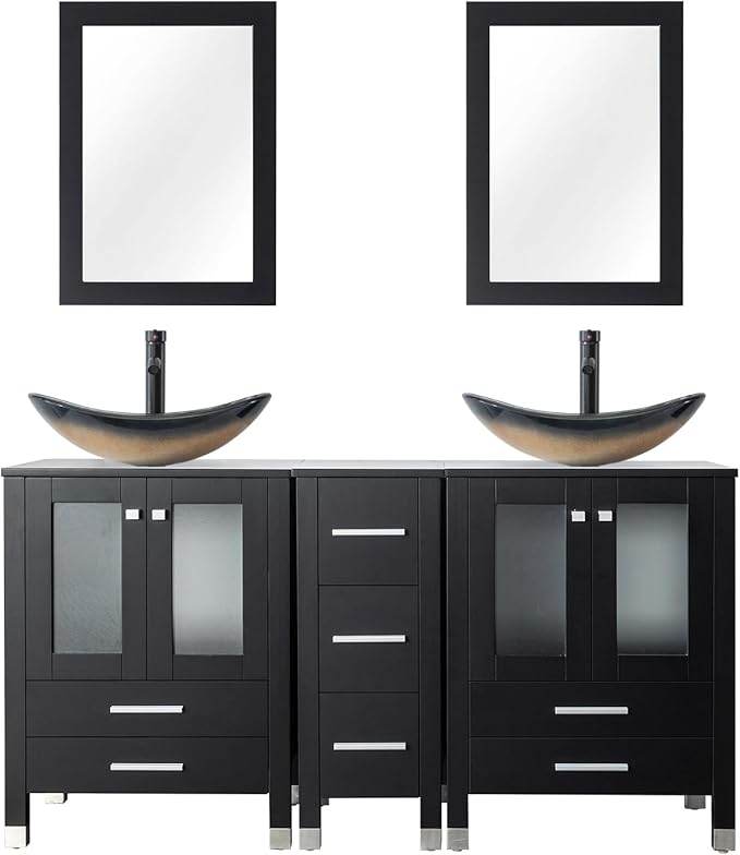 LUCKWIND 60" Double 24" Bathroom Vanity with Sink Combo, Elegant Series with One 12.6-in Side Cabinet, Painted Frame, Including Champagne Boat Sinks, Faucets Without Mirrors, Black