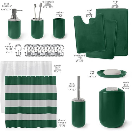 Clara Clark Bathroom Set - Green Bathroom Accessories Set, Bathroom Sets with Shower Curtain and Rugs, 23PC Shower Curtain Set with Liner, Soap Dispenser, Soap Dish, Toilet Brush Holder, and Trash Can