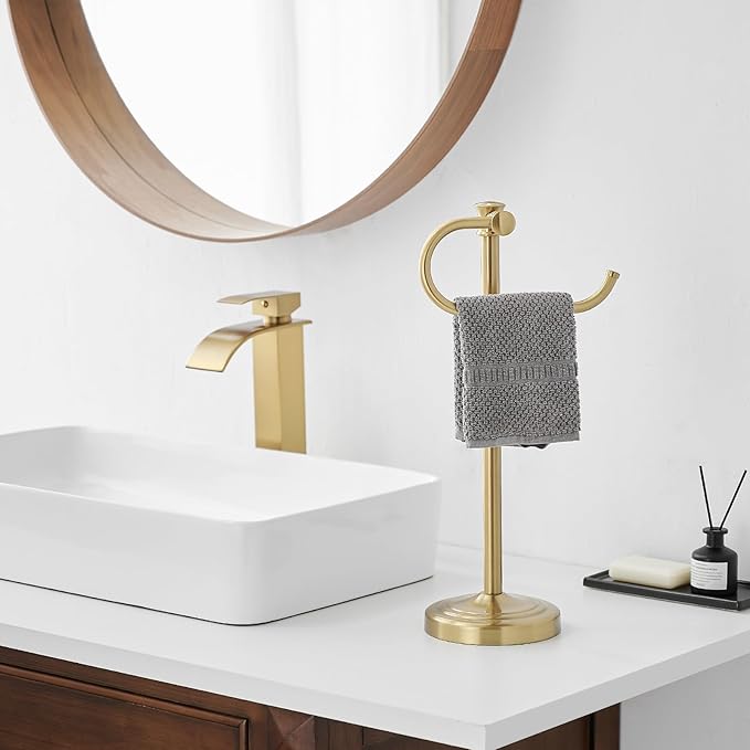 Stand Hand Towel Holder, Countertop Towel Bar, Brushed Gold | 17 Inch Bathroom Towel Hanger, Freestanding Vanity Counter Top Towel Holder, Towel Ring Hardware Accessories, Stainless Steel