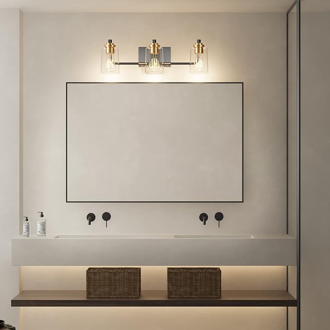 SOLFART Bathroom Light Fixtures 3-Light Vintage Bathroom Vanity Light Over Mirror wall Sconces in Black Brass Vanity Lights for Bath(Brass)