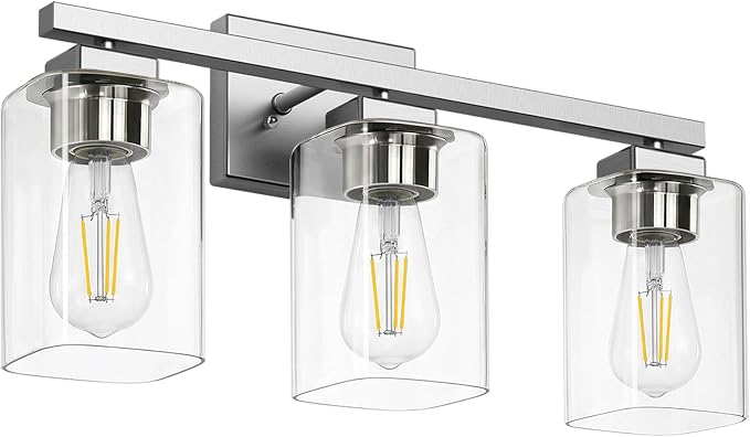 BesLowe 19” Bathroom Light Fixtures, 3-Light Vanity Light Brushed Nickel | Square Clear Glass & Durable Metal, Quick & Easy Installation, Standard E26 Socket, Bright Bathroom Lighting