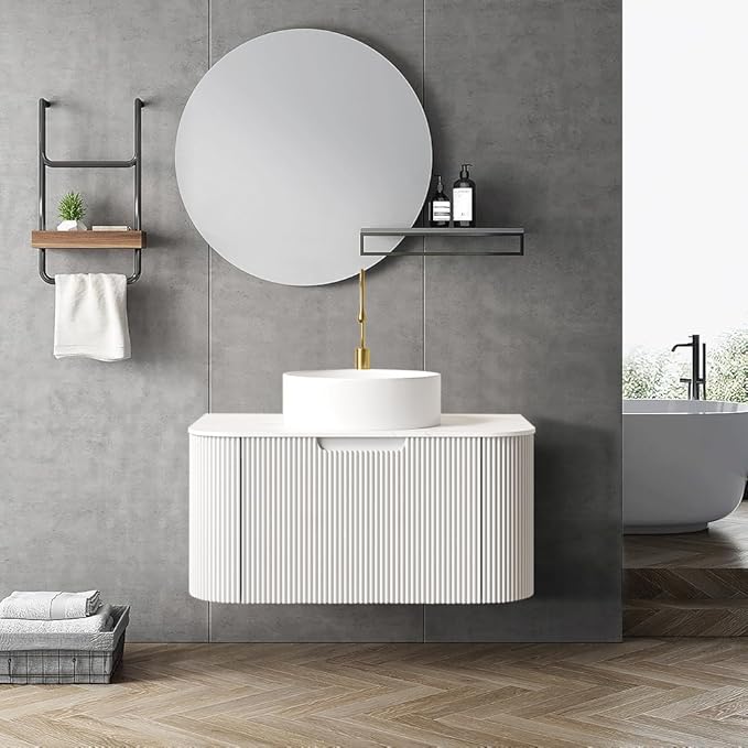 LKTART 30 Inch Floating Bathroom Vanity with Sink, Modern Wall Mounted Bathroom Storage Cabinet with Drawer, Round White Ceramic Sink Top and Marble Texture Top, White
