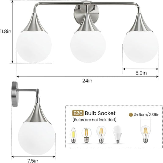 Bathroom Vanity Light Fixtures: Brushed Nickel 3-Light Mid Century Modern Bathroom Lighting Fixtures Over Mirror - Wall Sconce with Milky White Globe Glass for Bath Living Room