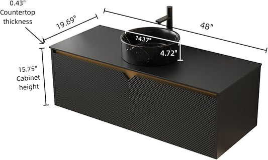 Bathroom Vanity with Sink 48 Inch, Floating Fluted Vanity with Vessel Sink, Modern Wall Mounted Bathroom Vanity Cabinet with 2 Doors, Black Ceramic Sink & Sintered Stone Top, Black