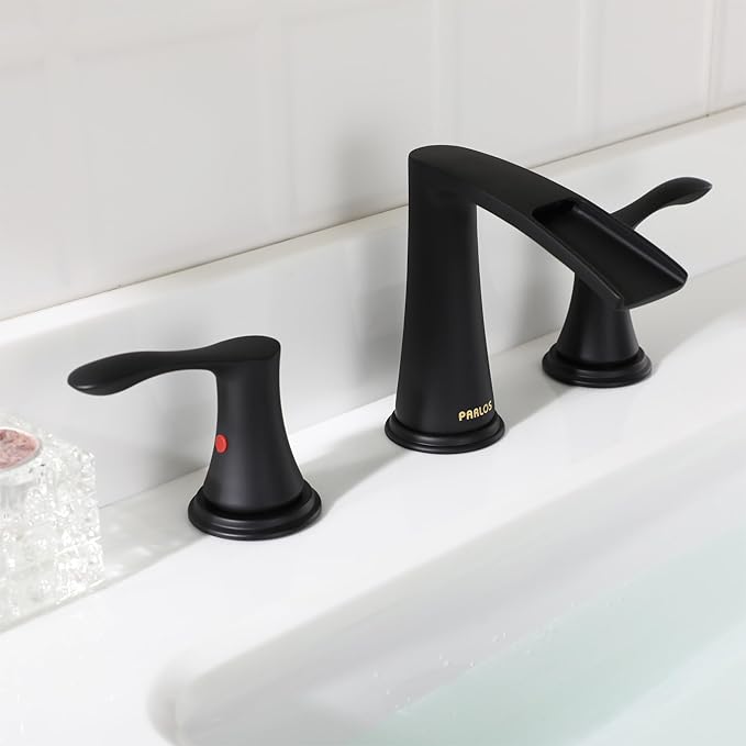 PARLOS Waterfall Widespread Bathroom Faucet Two Handles with Metal Pop Up Drain & cUPC Faucet Supply Lines, Matte Black, Demeter 1431804