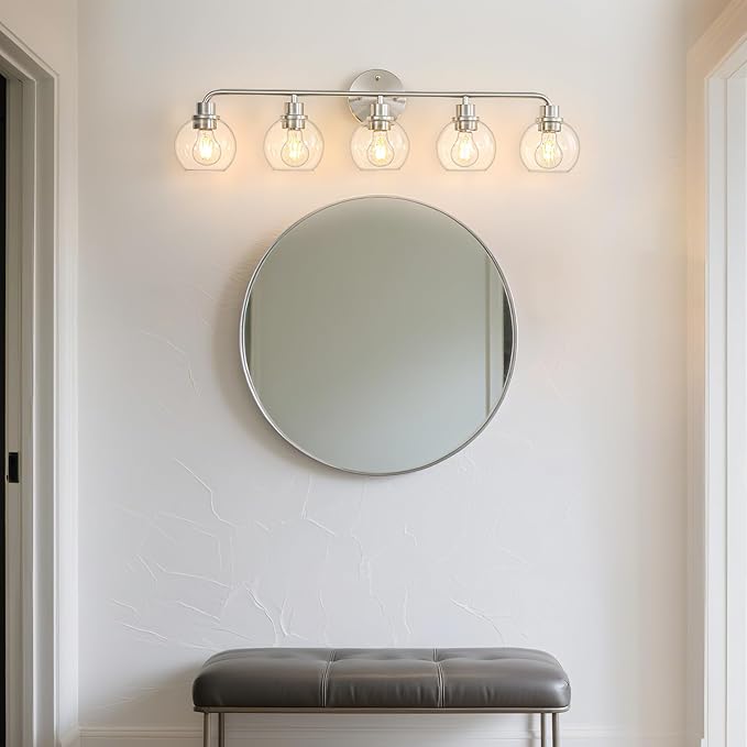 Bathroom Light Fixtures 5 Light Brushed Nickel Vanity Light Silver | Modern Wall Sconces Lighting Bathroom Lights with Glass Shade Bath Wall Lights for Mirror Kitchen Living Room Hallway 34.5"