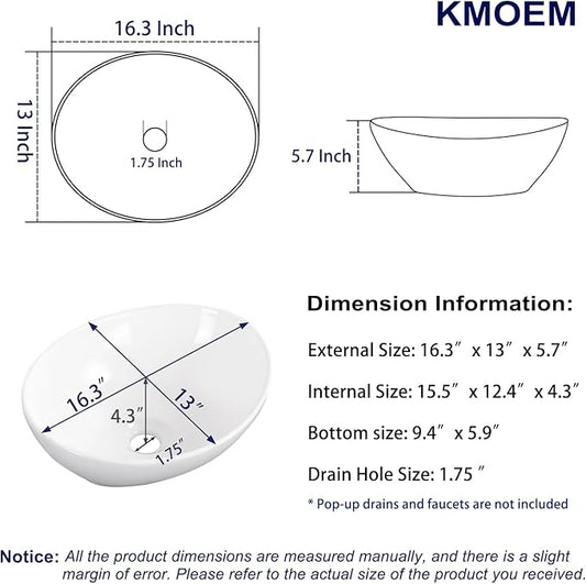 Vessel Sink 16"x13" Oval Bathroom Sink Modern White Porcelain Ceramic Above Counter Drop-in Vanity Sink for Bathrooms Art Basin