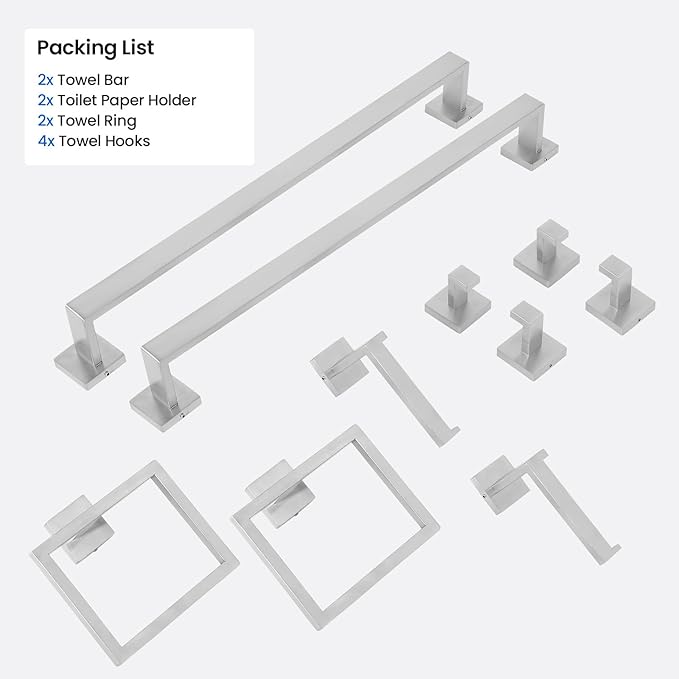 10 PCS Bathroom Hardware Accessories Set 23.6 Inch Stainless Steel Bath Towel Bar Set Square Towel Ring Set for Bathroom Wall Mounted, Silver