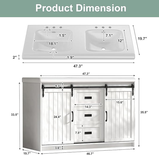 48 Inch Bathroom Vanity with Sink, Bathroom Vanity Cabinet with Doulble Sink, Bath Vanities with 2 Sliding Doors, White