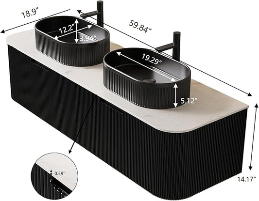 Yayzy 60" Floating Bathroom Vanity with Sink, Solid Wood Fluted Cabinet, Black Fluted Oval Ceramic Basin & Faux Marble Top, Soft-Close Drawer, Pre-Assembled, Gloss Black