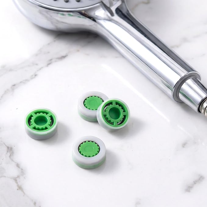 4Pcs Shower Flow Restrictor, Green Water Flow Reducer Control Value | 2.0 GPM Shower Head Water Saver, Plastic, 0.56 0.54 0.21 in, Universal Size, 14mm Connector