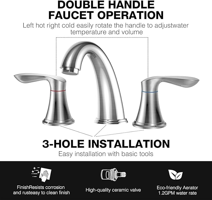GAOMON Bathroom Faucet, 8 Inch Bathroom Faucets for Sink 3 Hole, Widespread Brushed Nickel Bathroom Faucet with Pop up Drain and cUPC Lead-Free Hose (Brushed Nickel 2 Packs)