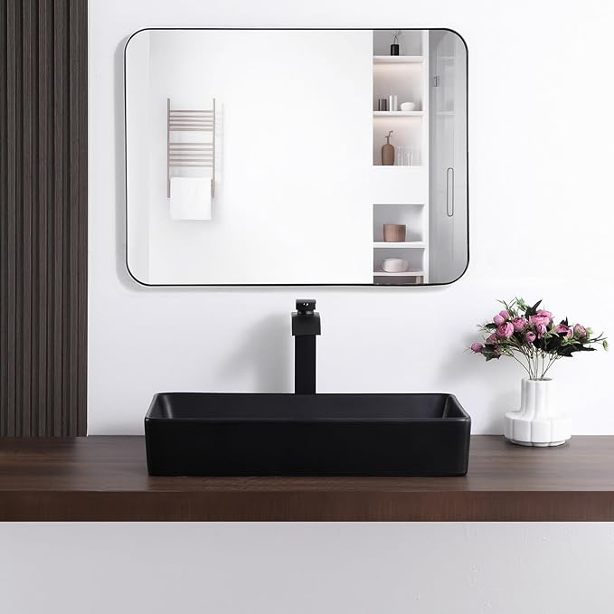 Black Vessel Sink Rectangle 24"x14" Bathroom Sink Above Counter Porcelain Ceramic Small Sink Bowl Ceramic Vessel Sinks for Bathrooms