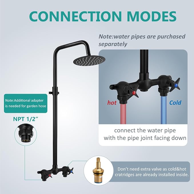 Aolemi Outdoor Shower Kit,8 Inch Rain Head,Hot and Cold,Matte Black | 2-Handle Control Outdoor Shower Fixtures,Adjustable Height,6-Inch Center Valve,Winter Drainage,Exposed Shower