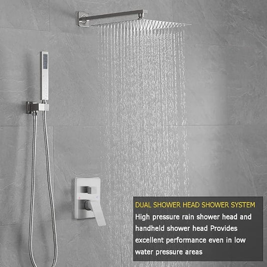 Brushed Nickel Shower System 10 Inches Bathroom Luxury Rain Shower Head with Handheld Combo Set Wall Mounted High Pressure Rainfall Shower Head System Shower Faucet with Valve and Trim Kit