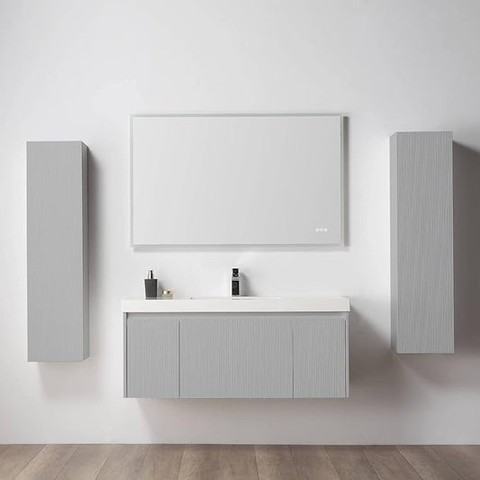 Blossom 48 Inch Bathroom Vanity with Sink and 2 Side Cabinets, All Wood Wall Mounted Floating Bathroom Vanity Cabinet with Acrylic Sink, Soft-Close Drawers, Bathroom Vanities, Light Grey