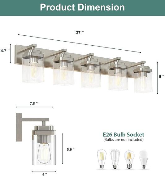 Brushed Nickel Bathroom Light Fixtures, 5 Lights Bathroom Lighting Fixtures Over Mirror, Square Design & Rectangle Large Backplate, Modern Vanity Lighting Fixtures, for Living Room/Bedroom