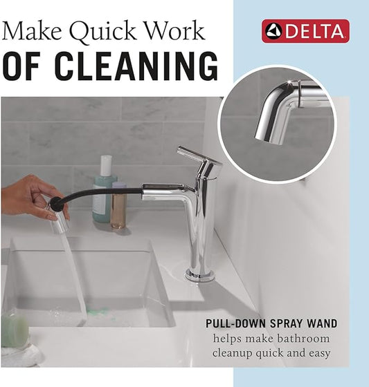 Delta Nicoli 1 Hole Pull Down Bathroom Faucet with Sprayer, Chrome Single Hole Bathroom Sink Faucet with Pull Out Sprayer for Vanity, Metal Push-Pop Drain, Chrome 15849LF-PD