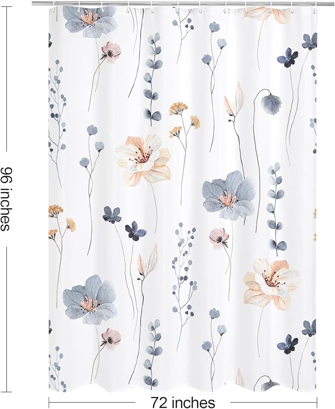 Blue Beige Watercolor Floral Fabric Shower Curtain, 72x96 | Waterproof Fabric, Modern Minimalist Floral Print, Machine Washable, Rustproof Grommets, for Bathroom Home, Extra Long