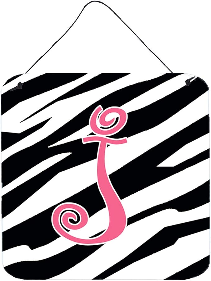 Caroline's Treasures CJ1037-JDS66 Letter J Initial Zebra Stripe and Pink Wall or Door Hanging Prints Aluminum Metal Sign Kitchen Wall Bar Bathroom Plaque Home Decor, 6x6, Multicolor