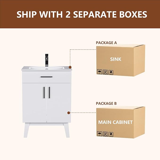 24" Bathroom Vanity with Sink, Vanity Combo with Two Soft Close Cabinet Doors, Modern Single Bathroom Cabinet Set with Metal Handles (White with Sink, 24)