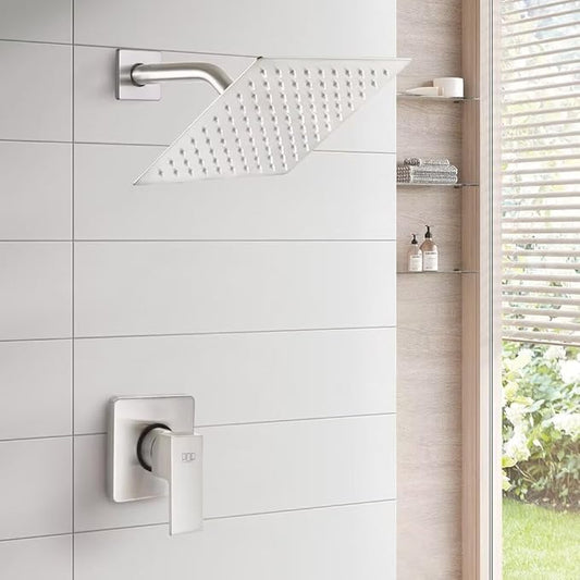 Shower Only Faucet Set Brushed Nickel, Bathroom Rain Mixer Shower Head Set Wall Mounted Rainfall Shower System Single Handle Shower Trim Kit with Rough-in Valve