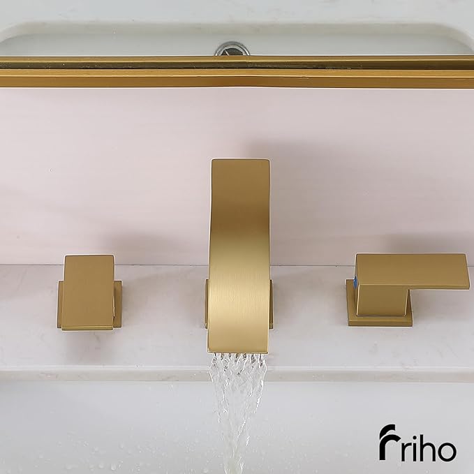 Friho Gold Waterfall Bathroom Faucets 3 Hole, 8 inch Widespread Square Bathroom Sink Faucet with Metal Pop-up Drain and Supply Lines, Two Handles for Vanity, Rv, Commercial, Restroom