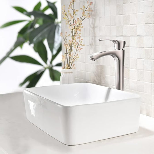 16 Inch White Vessel Sink,16x12 Bathroom Sink Rectangular Above Counter White Vessel Vanity Sink Porcelain Ceramic Countertop Bathroom Vessel Sink Art Basin with Faucet and Drain Combo