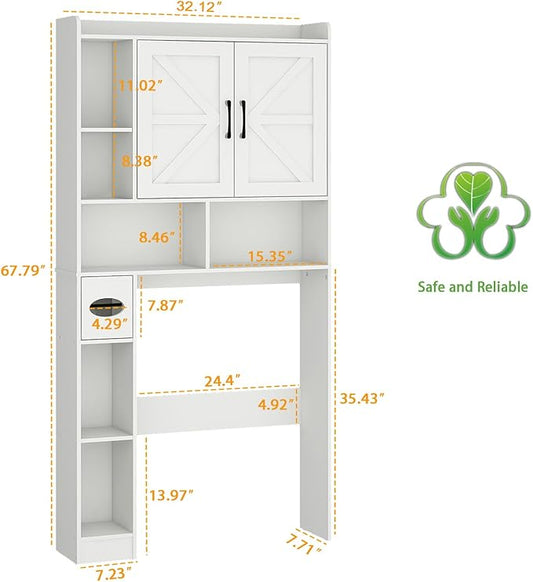 Vabches Over The Toilet Storage Cabinet, Farmhouse Storage Cabinet Over Toilet with 2 Barn Door & Toilet Paper Holder Stand,Home Space-Saving Toilet Rack, for Bathroom, Restroom, Laundry