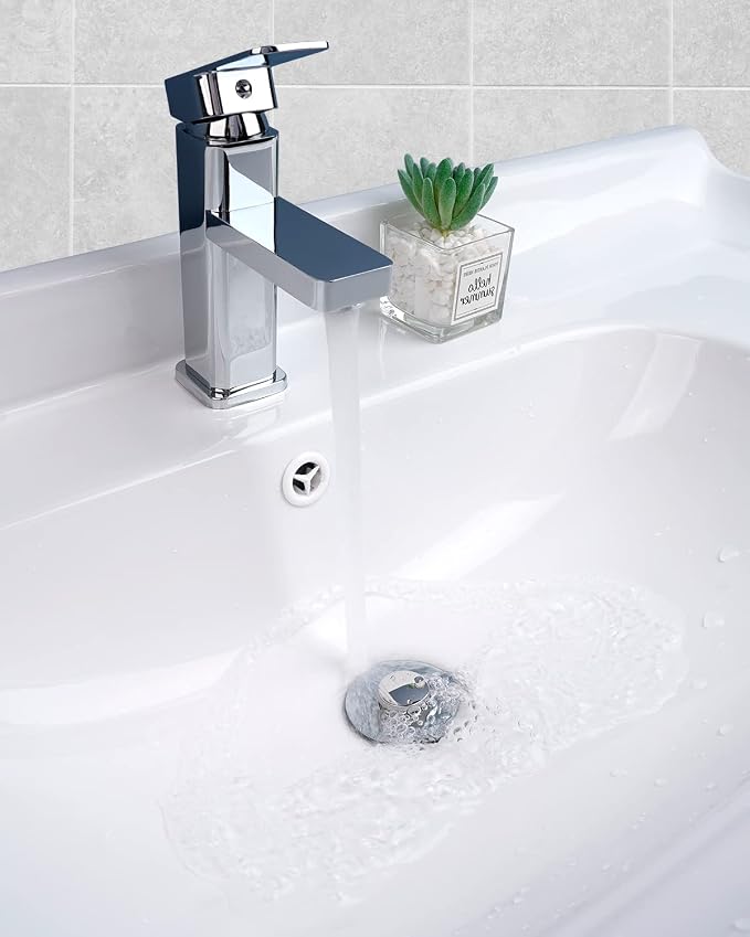 Hibbent All Metal Universal Bathroom Sink Stopper for 1.1''~2.3'' Basin, Pop Up Sink Drain Strainer, Brass Bullet Core Push Type Stopper, Stainless Steel Anti Clogging Drain Filter, Chrome