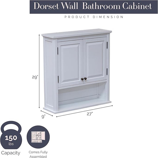 Dorset Bathroom Wall Cabinet - White Bathroom Cabinet Wall Mount Medicine Organizer with Adjustable Shelves, 2 Doors & Open Shelf - Space Saver Above Toilet Storage Cabinet by Alaterre Furniture