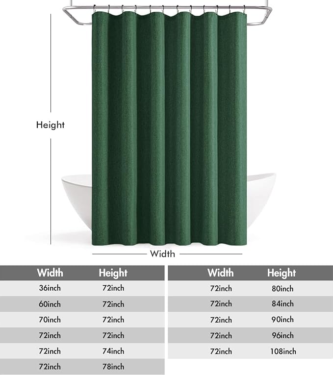 ANRODUO Dark Green Linen Textured Fabric Shower Curtain Set - W72xL72 | Farmhouse Shower Curtain with 12 Metal Hooks, Waterproof Heavy Duty, Button Hole Design, Machine Washable for Bathroom