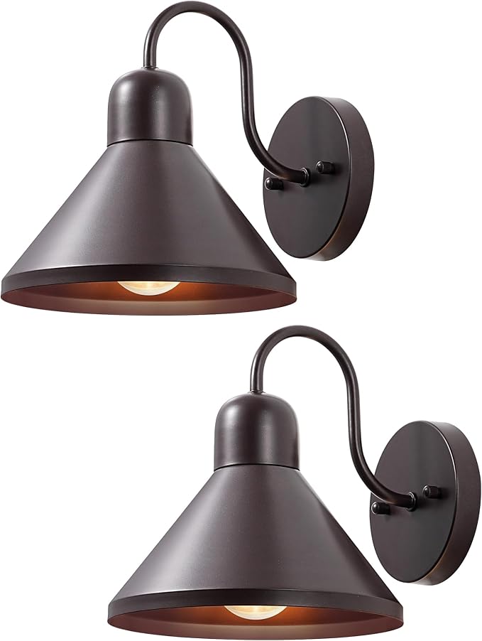 EDISHINE 2 Pack 8" Gooseneck Barn Outdoor Wall Light, Farmhouse Porch Light | Hardwired, E26 Socket, Brown Wall Mount Lantern for Porch, Entryway, Garage, Garden, Patio